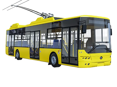 Yellow Modern Electric Tram Featuring Large Windows And Overhead Wires Design 3d model