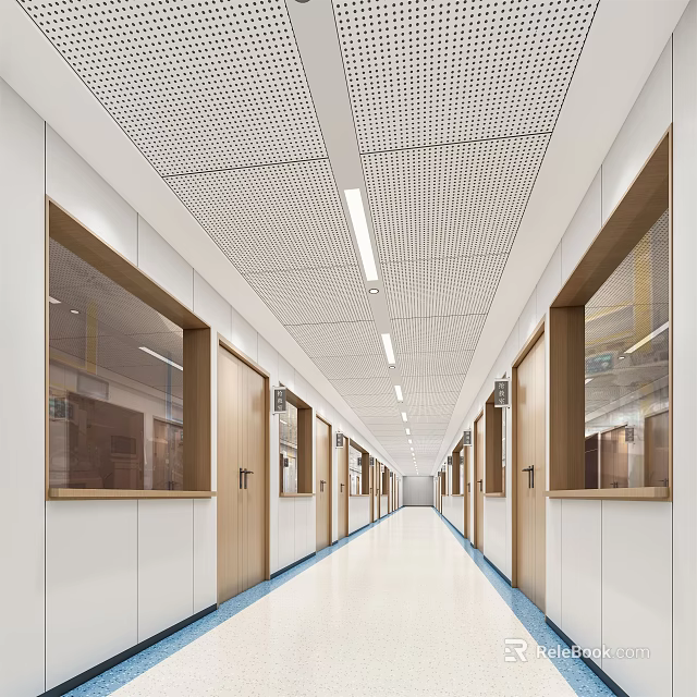 Modern Elevator Corridor with White Walls Wooden Trim Glass Panels Perforated Ceiling and Linear Lights 3d model 