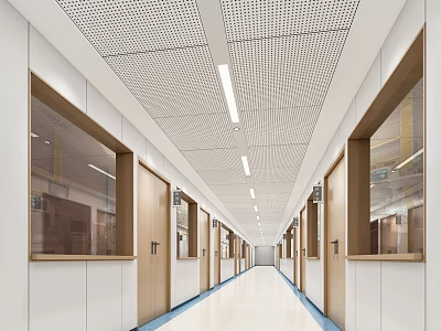 Modern Elevator Corridor with White Walls Wooden Trim Glass Panels Perforated Ceiling and Linear Lights 3d model