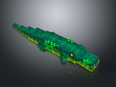 Pixelated Green Crocodile 3D Model With Blocky Structure And Shiny Details 3d model