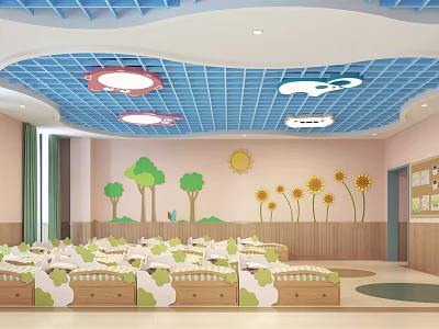 Kindergarten Interior With Blue Grid Ceiling Cloud Sun Tree And Sunflower Decor And Beds 3d model