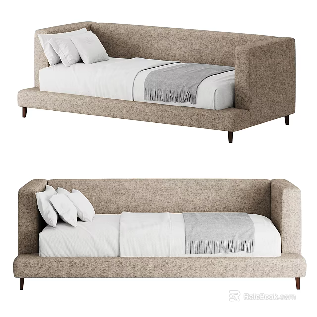 Modern Beige Fabric Single Bed With White Bedding Gray Blanket And Pillows 3d model 