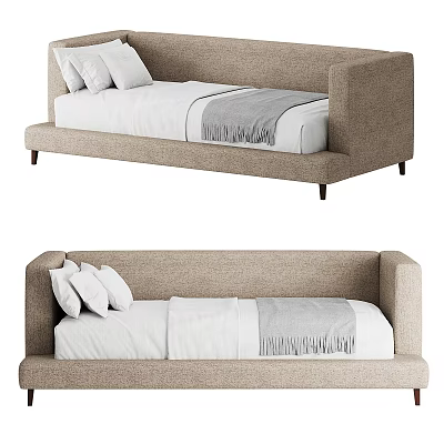 Modern Beige Fabric Single Bed With White Bedding Gray Blanket And Pillows 3d model