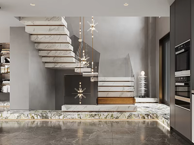 Modern Marble Staircase Interior With Gray Walls Glass Railing And Chandeliers 3d model