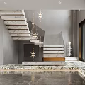 Modern Marble Staircase Interior With Gray Walls Glass Railing And Chandeliers