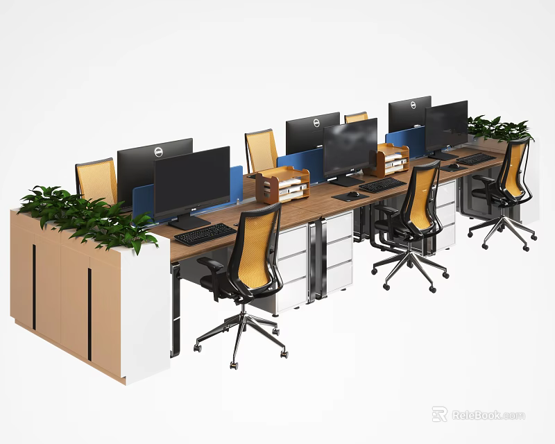 Modern Office Desk Setup With Multiple Computer Monitors Office Chairs And Green Plants 3d model
