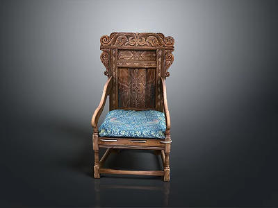 Vintage Wooden Chair With Ornate Carvings And Blue Fabric Cushioned Seat 3d model