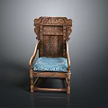 Vintage Wooden Chair With Ornate Carvings And Blue Fabric Cushioned Seat