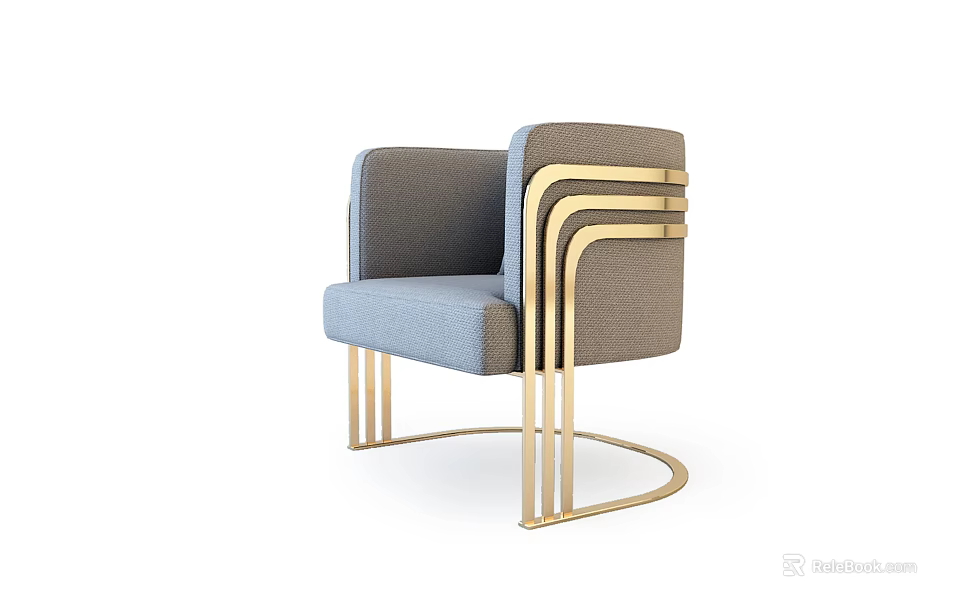 Elegant Modern Single Sofa In Gray Blue Fabric With Gold Metal Frame And Legs 3d model 