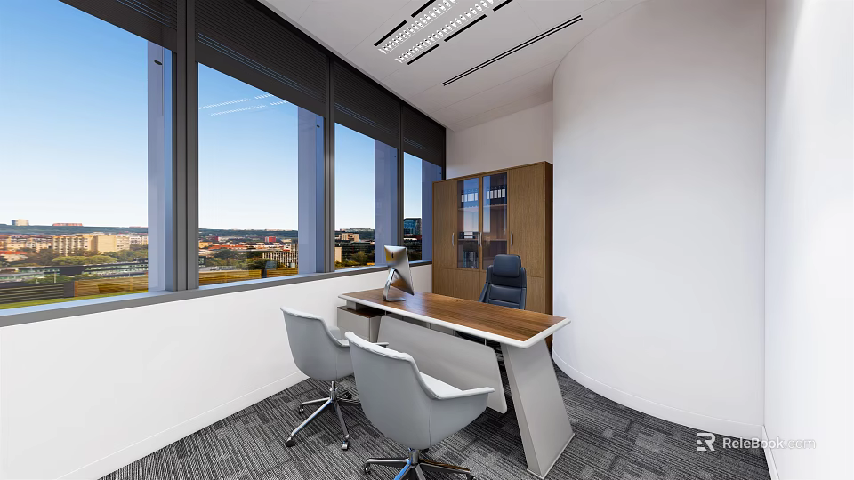 Modern Office Interior With Large Windows City View Wooden Desk And Gray Chairs 3d model 