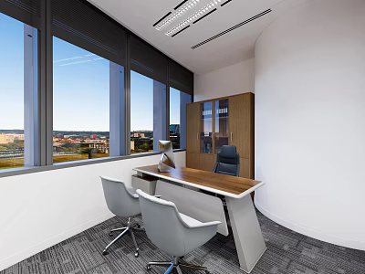 Modern Office Interior With Large Windows City View Wooden Desk And Gray Chairs 3d model