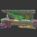 Modern Archaeological Exhibition Display With Dinosaur Skeleton Stone Wall And Green Plants