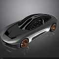 Silver Concept Sports Car with Black Stripes Orange Wheels Sleek Design and Dark Background Reflection