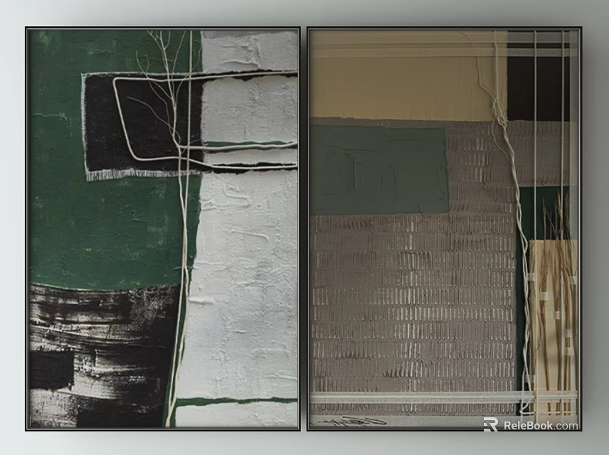 Abstract Wall Art Paintings With Green Black Beige Textured Geometric Lines 3d model 