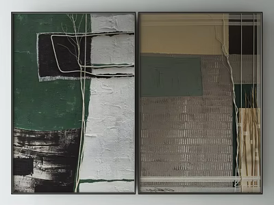 Abstract Wall Art Paintings With Green Black Beige Textured Geometric Lines 3d model
