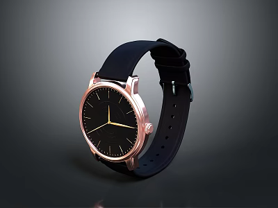 Sleek Modern Watch With Black Leather Strap And Rose Gold Case And Minimalist Black Dial 3d model