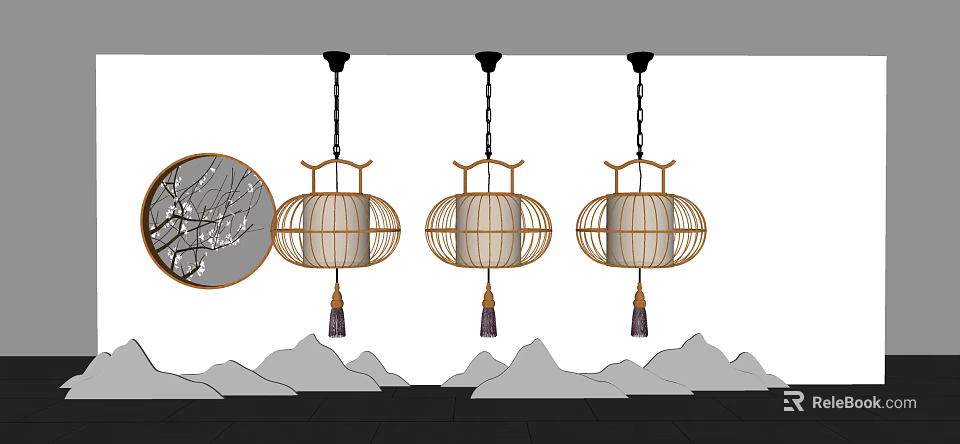 Three Chinese Traditional Lantern Shaped Chandeliers With Plum Blossom Art And Mountain Pattern 3d model 