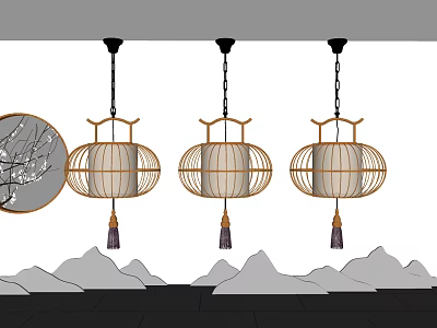 Three Chinese Traditional Lantern Shaped Chandeliers With Plum Blossom Art And Mountain Pattern 3d model