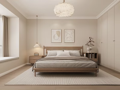 Modern Bedroom Interior Design With Wooden Bed White Chandelier Paintings And Neutral Rug 3d model