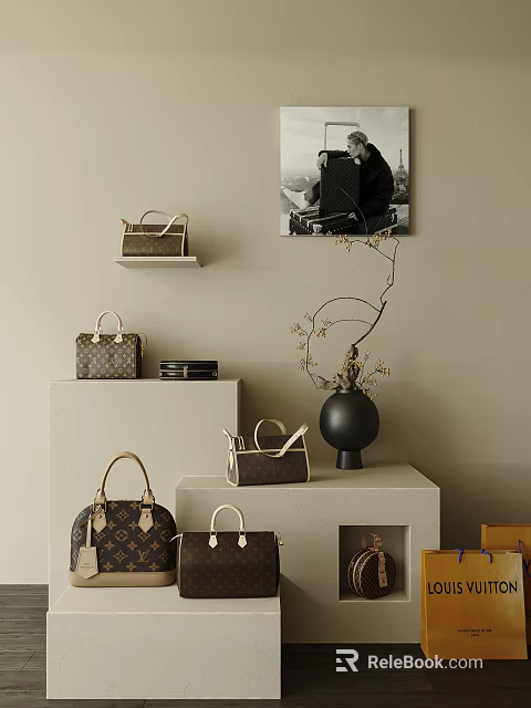 Stylish Bags Display On Shelves With Decorative Vase And Artwork 3d model 