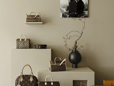 Stylish Bags Display On Shelves With Decorative Vase And Artwork 3d model