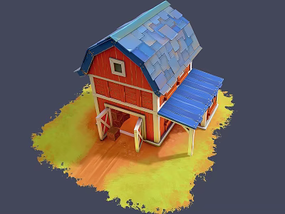 Cartoon Farm Scene With Red Barn Blue Roof Blue Awning And Yellow Orange Grass Area 3d model