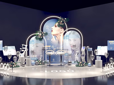 Modern Commercial Equipment Display With Illuminated Arches Brand Logos And Decorative Elements 3d model