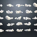 Set of Various White Clouds in Different Shapes Displayed on Dark Background 3d model