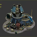Futuristic Sci Fi Building Exterior With Blue Circular Base Antenna And Red Equipment