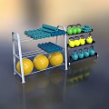 Sports Equipment Shelves With Yellow Exercise Balls Blue Foam Rollers Green Yellow Dumbbells Blue Kettlebells