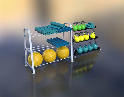 Sports Equipment Shelves With Yellow Exercise Balls Blue Foam Rollers Green Yellow Dumbbells Blue Kettlebells 3d model