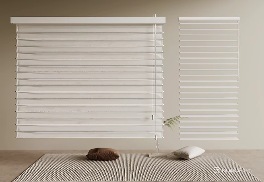 White Venetian Blinds in Minimalist Home Interior with Soft Pillows and Green Plant 3d model 
