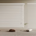 White Venetian Blinds in Minimalist Home Interior with Soft Pillows and Green Plant