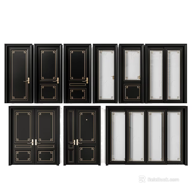 Hinged Doors With Various Designs Black Frames Glass Panels And Decorative Details 3d model