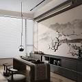 Modern Tea Room Interior With Landscape Painting Dark Cabinets And Greenery
