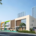 Modern School Building With Colorful Facade Large Glass Windows Green Lawn And Children Playing