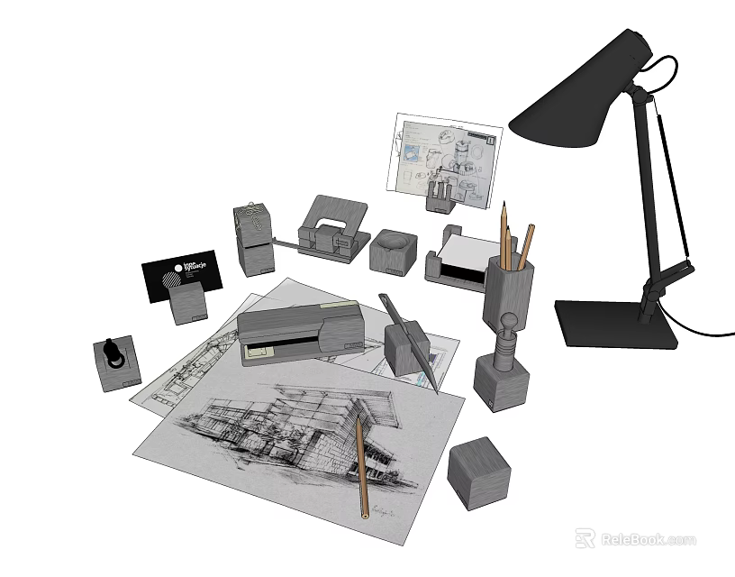 Ornamental Decoration Set With Black Desk Lamp Pencils Architectural Drawings Small Cubes And Models 3d model 