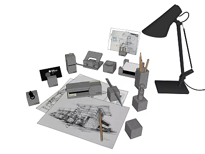Ornamental Decoration Set With Black Desk Lamp Pencils Architectural Drawings Small Cubes And Models 3d model