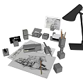 Ornamental Decoration Set With Black Desk Lamp Pencils Architectural Drawings Small Cubes And Models
