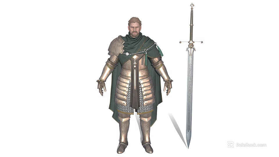 Medieval Warrior Character in Steel Armor With Green Cloak and Ornate Sword 3d model 