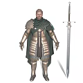 Medieval Warrior Character in Steel Armor With Green Cloak and Ornate Sword
