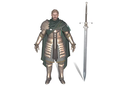 Medieval Warrior Character in Steel Armor With Green Cloak and Ornate Sword 3d model