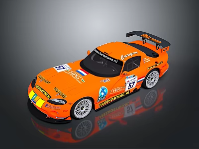 Orange Sports Race Car With Rear Wing Number 57 And Sponsor Decals 3d model