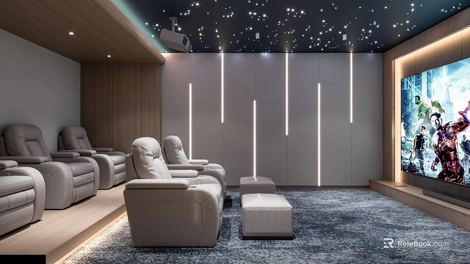 Luxurious Home Theater Room With Starry Ceiling LED Strip Walls And Gray Leather Seats 3d model 