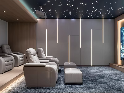 Luxurious Home Theater Room With Starry Ceiling LED Strip Walls And Gray Leather Seats 3d model