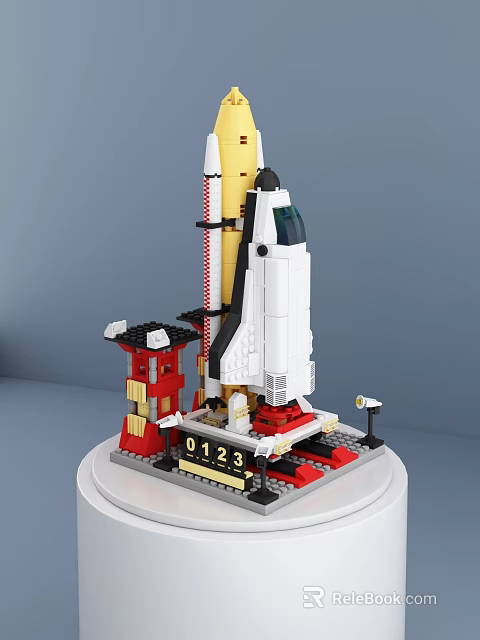 Building Blocks Rocket Model With White Body Yellow Boosters Red Launch Pad Numbers 0123 On Base 3d model 