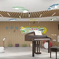Music Classroom Artistic Interior With Piano Drums And Note Lights 3d model