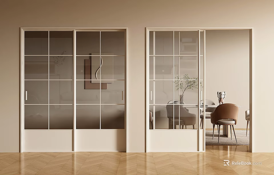 Modern Interior Sliding Doors With White Frames Glass Panels And Dining Area View 3d model 