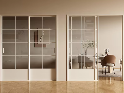 Modern Interior Sliding Doors With White Frames Glass Panels And Dining Area View 3d model