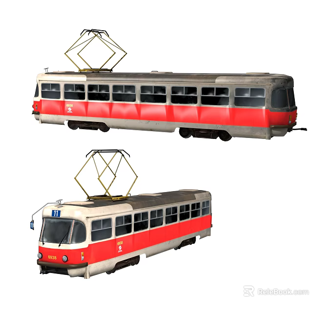 Two Red and White Trams With Pantographs Windows And Number 111 3d model 